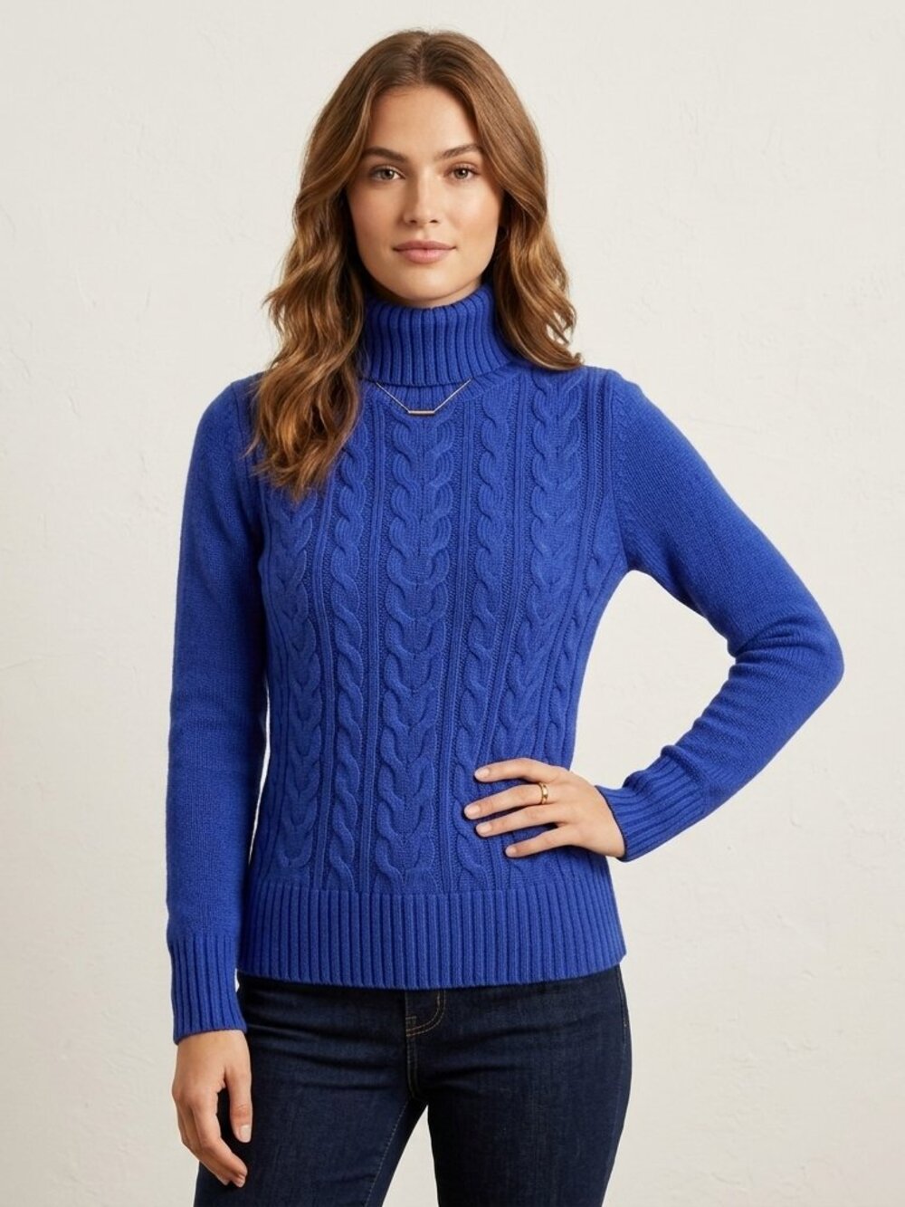 Turtleneck Cable Knit Sweater, Wool Cotton Blend Pullover, Royal Blue, Cobalt